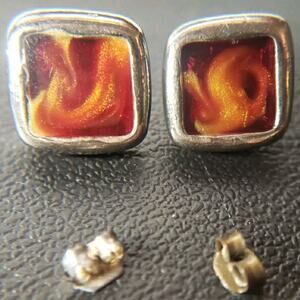 Vintage NAPIER Inspired 1980s Red Orange Swirl Enamel/Resin Square Post Earrings